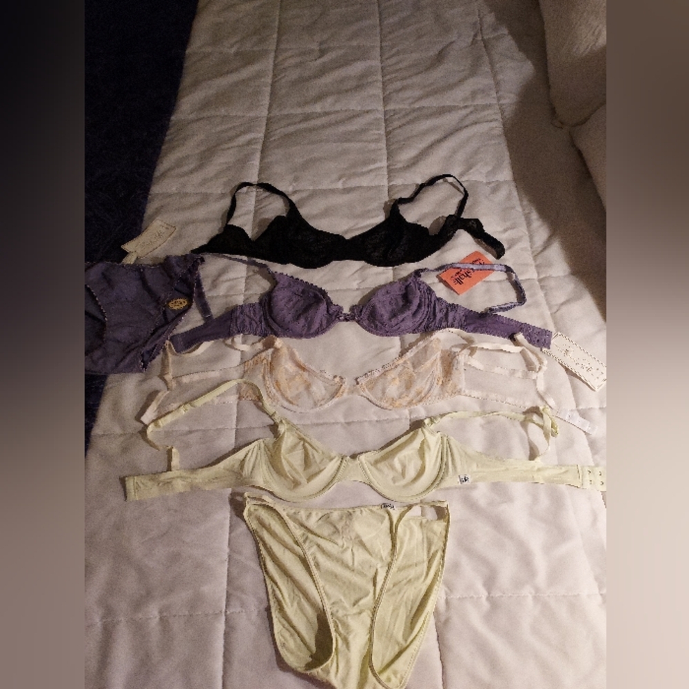 Bundle of excellent and new condition 34B bras, two w/ matching bikini underwear